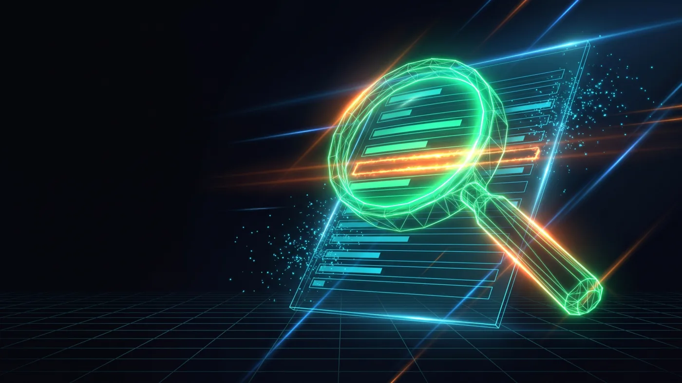 Lente wireframe neon che verifica la scheda riga per riga e trova il gap segnato in arancio