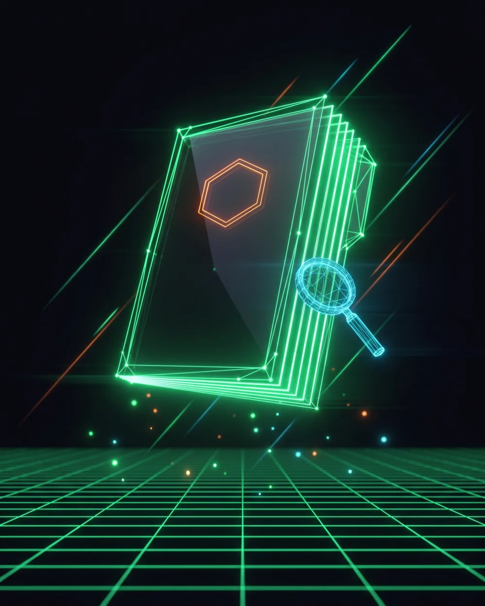 La Scheda del Banco come dossier wireframe neon con sigillo esagonale e lente di verifica