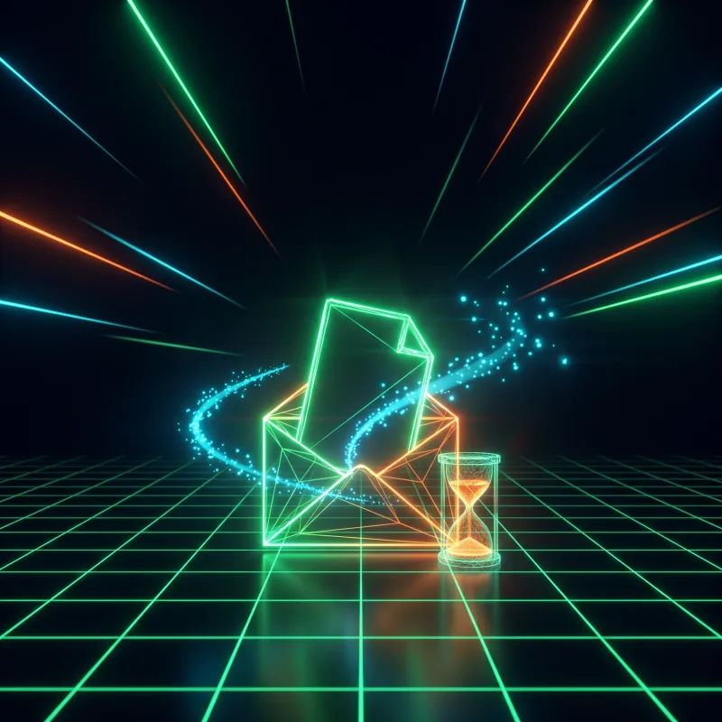 Busta wireframe neon con la Scheda del Banco in consegna e la clessidra delle 48 ore