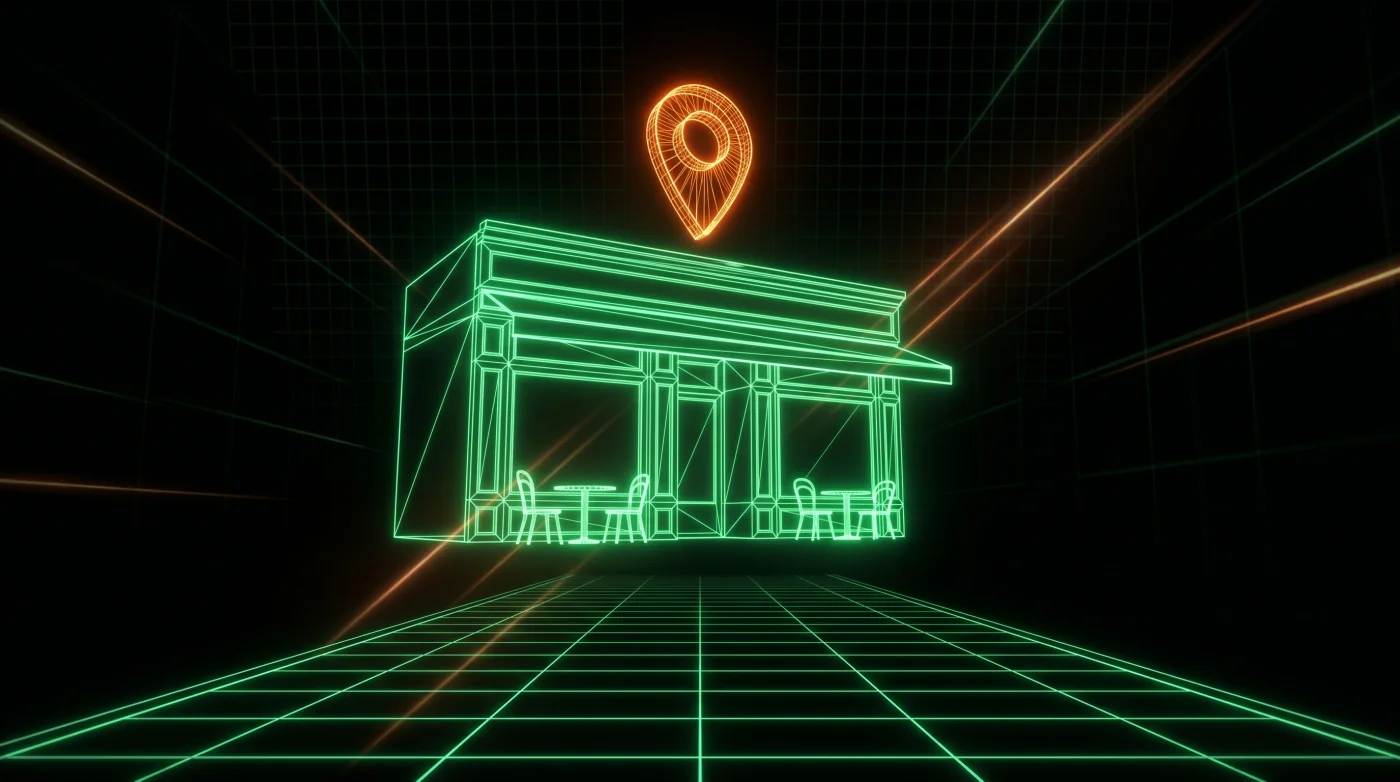 Storefront ristorante neon con location pin su pavimento prospettico - store fisici franchising e DOS