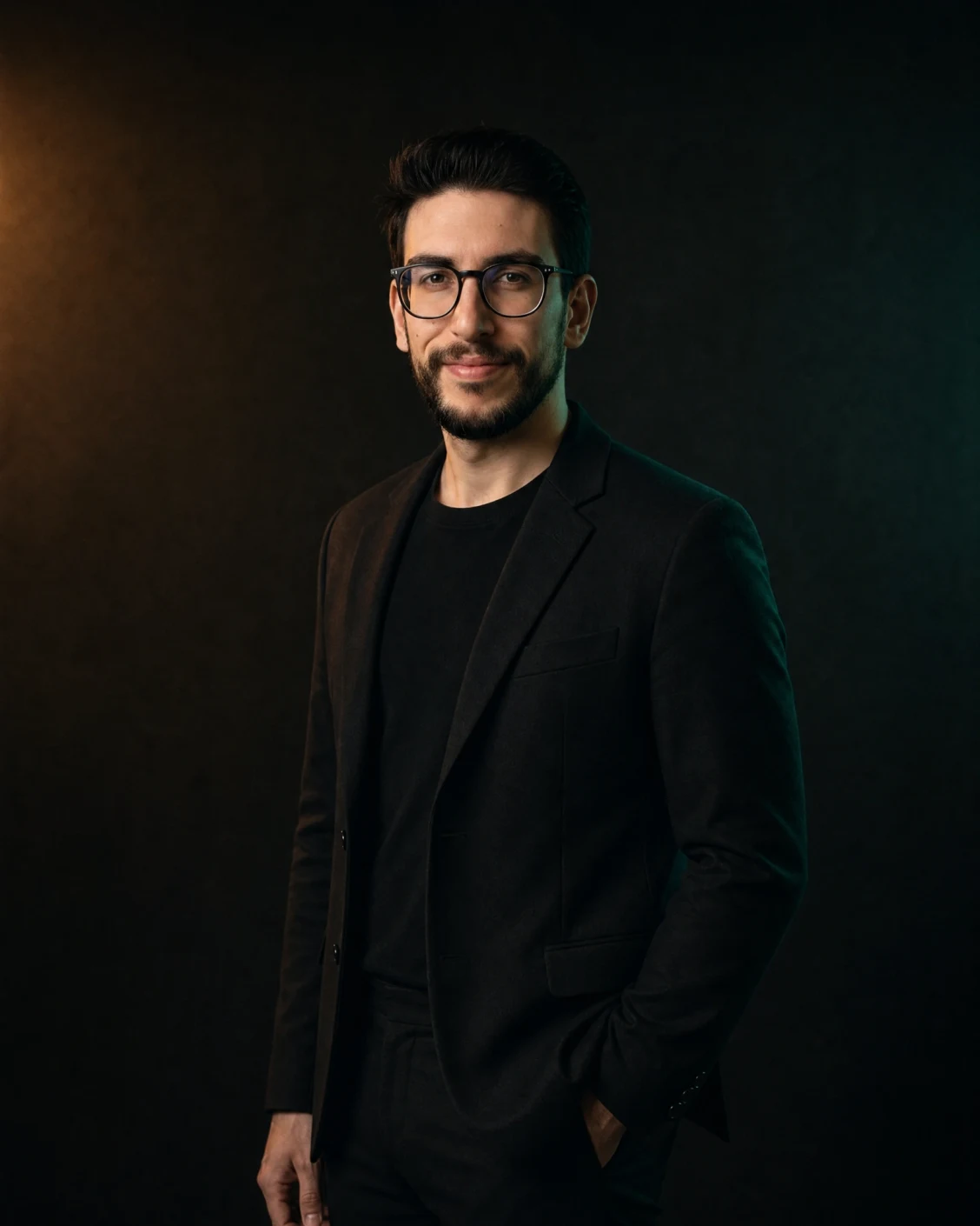 Matteo Coloru, growth manager per brand food: ritratto in blazer nero su fondo scuro, luce calda e verde brand